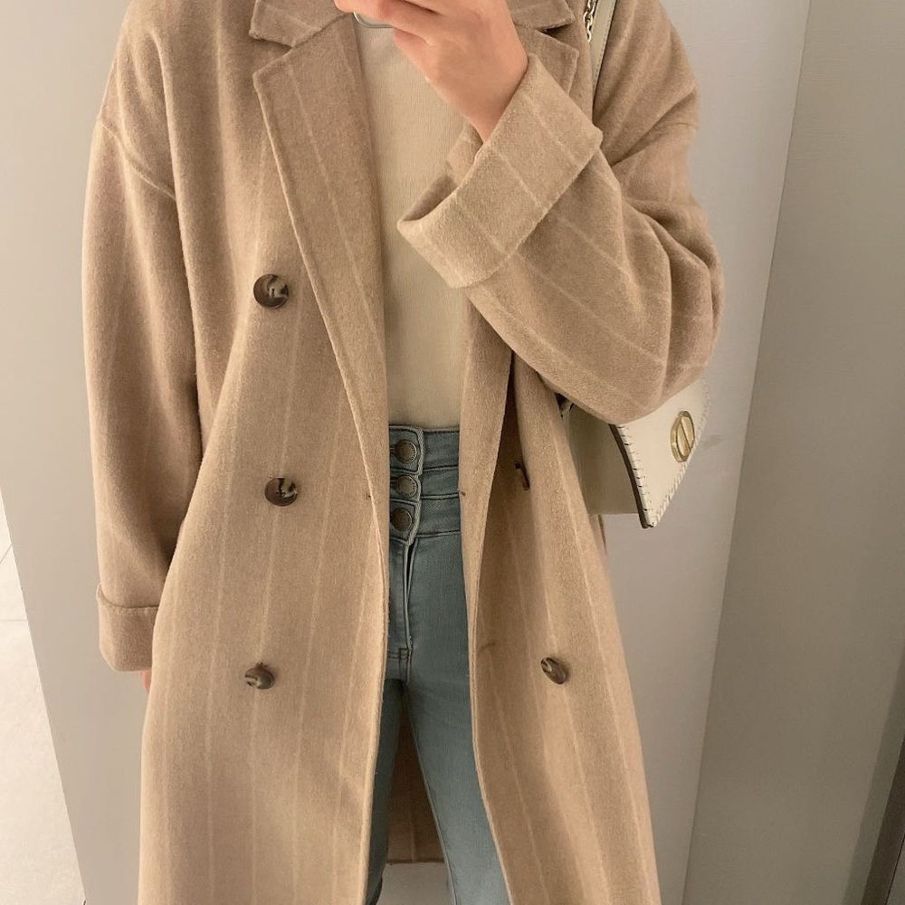 Zara Long Teddy Stripped Coat Wool Blended Trench Sz M - Picture 4 of 14